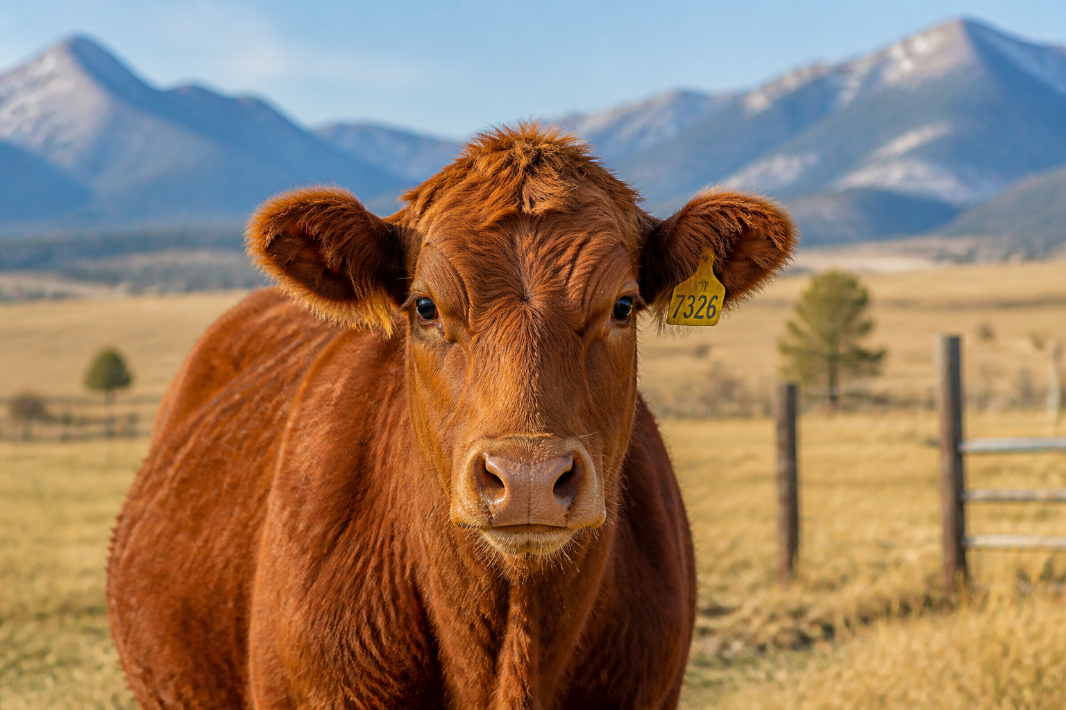 Colorado beef cow with an ear tag facing the camera with prairie and mountains behind